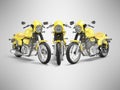 3d illustration of three yellow sports motorcycles for fast driving in row on gray background with shadow