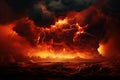 3D illustration of a thunderstorm with lightning in the sky. A fire hurricane ravages the cloudscape in the sky. A visual