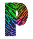 3D illustration Tiger black rainbow print letter P, animal skin fur decorative character P, Tiger 7 colors pattern.