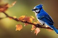 3d illustration of tiny blue jay on a branch with autumn leaves in the background Generative AI illustration