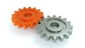 Two Cogwheels Powering Each Other 3d Illustration on White Background. Concept of Collaboration Using Mechanical Gears. Royalty Free Stock Photo