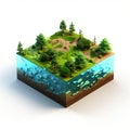 3d Illustration Of Treelined Island And River With Blocky, Marine Biology-inspired Style