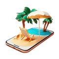 3d illustration of a tropical island with palm trees beach, deckchair and umbrella on a smartphone screen. Travel and vacation