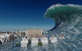 Tsunami wave apocalyptic water view urban flood Storm. 3D illustration