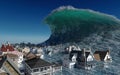 Tsunami wave apocalyptic water view urban flood Storm. 3D illustration Royalty Free Stock Photo