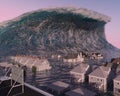 Tsunami wave apocalyptic water view urban flood Storm. 3D illustration