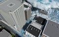 Tsunami wave apocalyptic water view urban flood Storm. 3D illustration