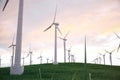 3d illustration, turbine on the grass with sunset sky background. Concept alternative electricity source. Eco energy