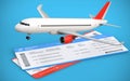 3d illustration of two airline, air flight tickets with airplane, airliner on the blue background.