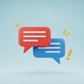 3D Illustration of Two Chat Bubbles, One Red and One Blue, with Sparkle and Exclamation Icons Royalty Free Stock Photo