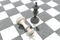 3d illustration: Two chess figures on the playing field. Black king is a winner and a loser white lies prostrate at his feet. Fall Royalty Free Stock Photo