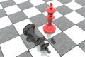 3d illustration: Two chess figures on the playing field. Red king is a winner and a loser black lies prostrate at his feet. Fallen Royalty Free Stock Photo