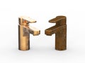 3D illustration two different unsuitable broken rusty vintage old faucet and new cooper faucet