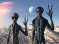 3d Illustration of two extraterrestrials on an alien planet gesturing with rising planet and moon in the background