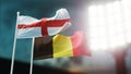 3D Illustration. Two national flags waving on wind. Night stadium. Championship 2018. Soccer. England versus Belgium Royalty Free Stock Photo