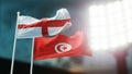 3D Illustration. Two national flags waving on wind. Night stadium. Championship 2018. Soccer. England versus Tunisia Royalty Free Stock Photo