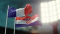 3D Illustration. Two national flags waving on wind. Night stadium. Championship 2018. Soccer. France versus Croatia