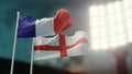 3D Illustration. Two national flags waving on wind. Night stadium. Championship 2018. Soccer. France versus England