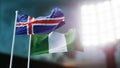 3D Illustration. Two national flags waving on wind. Night stadium. Championship 2018. Soccer. Iceland versus Nigeria Royalty Free Stock Photo