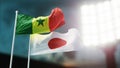 3D Illustration. Two national flags waving on wind. Night stadium. Championship 2018. Soccer. Japan versus Senegal Royalty Free Stock Photo