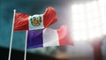 3D Illustration. Two national flags waving on wind. Night stadium. Championship 2018. Soccer. Peru versus France Royalty Free Stock Photo