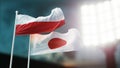 3D Illustration. Two national flags waving on wind. Night stadium. Championship 2018. Soccer. Poland versus Japan Royalty Free Stock Photo