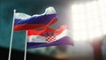 3D Illustration. Two national flags waving on wind. Night stadium. Championship 2018. Soccer. Russia versus Croatia Royalty Free Stock Photo