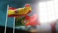 3D Illustration. Two national flags waving on wind. Night stadium. Championship 2018. Soccer. Spain versus Portugal Royalty Free Stock Photo