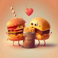 3d illustration of two hamburgers and french fries in love Royalty Free Stock Photo