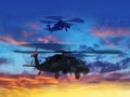 3d illustration of two helicopters flying in sunset sky. Royalty Free Stock Photo