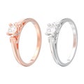 3D illustration two isolated rose and white gold or silver solitaire wedding diamond rings with heart prongs