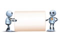 3d illustration of two little robot hold wide blank sign communication