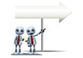 3d illustration of two little robot pointing blank arrow sign Royalty Free Stock Photo