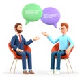 3D illustration of two men meeting and talking with speech bubbles. Businessmen characters sitting in chairs and discussing.