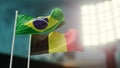 3D Illustration. Two national flags waving on wind. Night stadium. Championship 2018. Soccer. Brazil versus Belgium