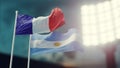 3D Illustration. Two national flags waving on wind. Night stadium. Championship 2018. Soccer. France versus Argentina