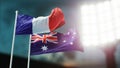 3D Illustration. Two national flags waving on wind. Night stadium. Championship 2018. Soccer. France versus Australia