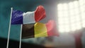 3D Illustration. Two national flags waving on wind. Night stadium. Championship 2018. Soccer. France versus Belgium