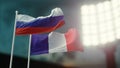 3D Illustration. Two national flags waving on wind. Night stadium. Championship 2018. Soccer. France versus Russia