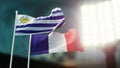 3D Illustration. Two national flags waving on wind. Night stadium. Championship 2018. Soccer. France versus Uruguay