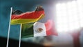 3D Illustration. Two national flags waving on wind. Night stadium. Championship 2018. Soccer. Germany versus Mexico Royalty Free Stock Photo