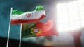 3D Illustration. Two national flags waving on wind. Night stadium. Championship 2018. Soccer. Iran versus Portugal Royalty Free Stock Photo