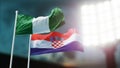 3D Illustration. Two national flags waving on wind. Night stadium. Championship 2018. Soccer. Nigeria versus Croatia Royalty Free Stock Photo