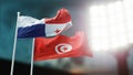 3D Illustration. Two national flags waving on wind. Night stadium. Championship 2018. Soccer. Panama versus Tunisia Royalty Free Stock Photo