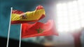 3D Illustration. Two national flags waving on wind. Night stadium. Championship 2018. Soccer. Spain versus Morocco Royalty Free Stock Photo