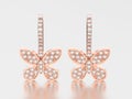 3D illustration two rose gold decorative diamond butterfly