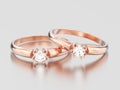 3D illustration two rose gold engagement solitaire double prong