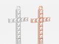 3D illustration two rose and white gold or silver decorative diamond crosses pendant Royalty Free Stock Photo