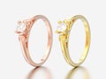 3D illustration two rose and yellow gold solitaire wedding diamond rings with heart prongs