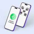 3D illustration of two smartphones displaying QR code and payment completed screen